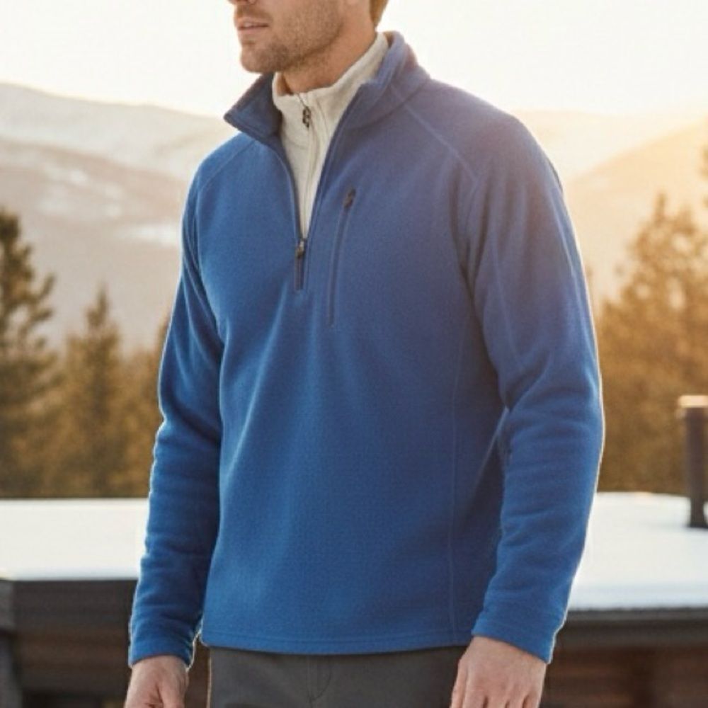 Blue Polyester Fleece Quarter Zip Pullover L.L. Bean Chest Pocket Size XL